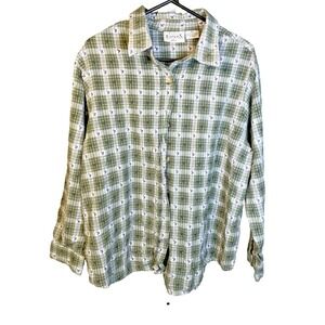 Women's Vintage Green Embroidered Shirt 18W Button up Cottagecore Floral